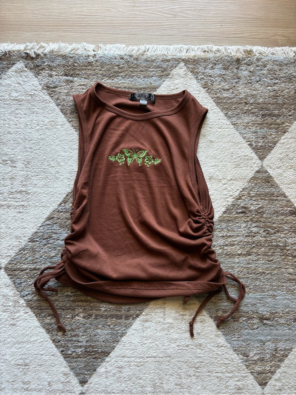 Brown Ruched Tank with Green Butterfly Embroidery